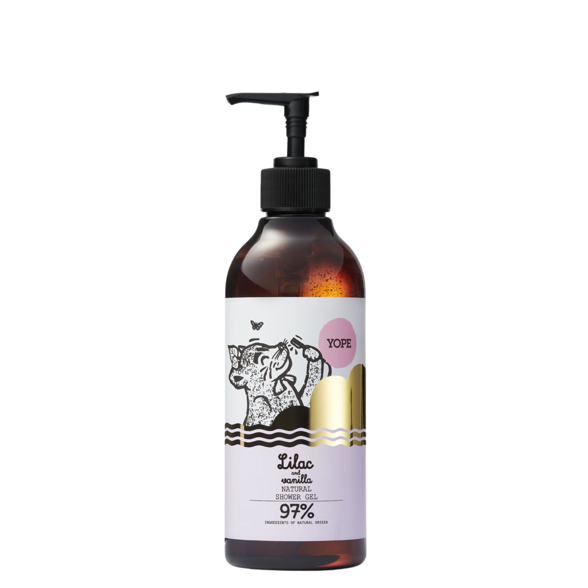 Gel de ducha natural con aroma de lila y vainilla para una limpieza suave e hidratante.