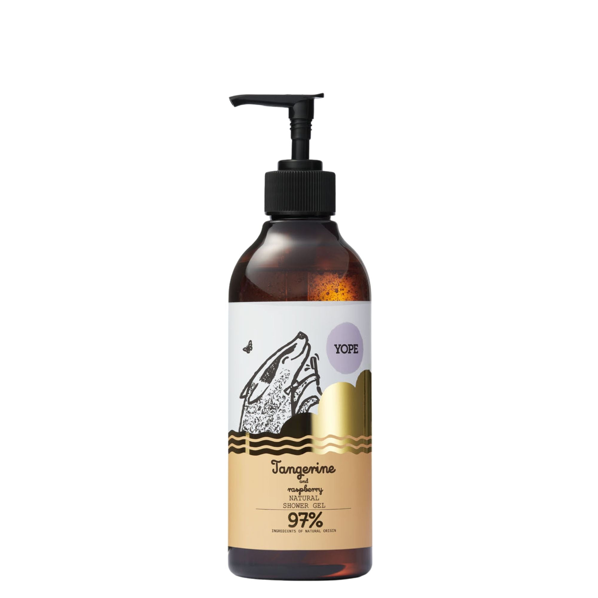 Gel de ducha natural con mandarina y frambuesa para una piel suave y luminosa.