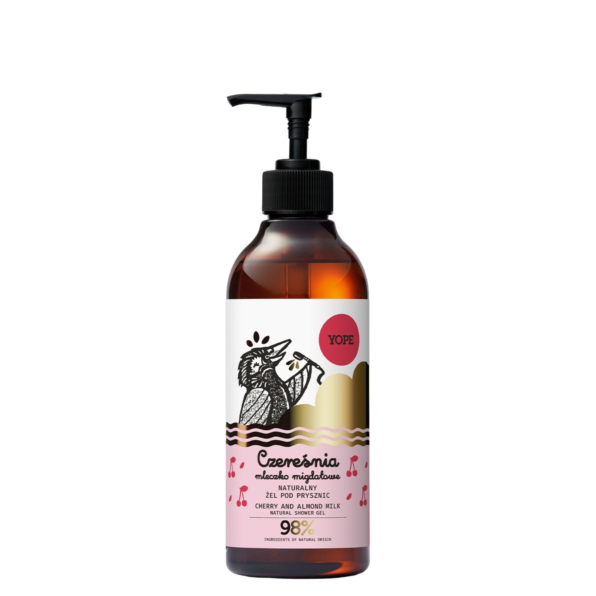 Gel de ducha natural con extracto de cereza, leche de almendras y agentes limpiadores vegetales.